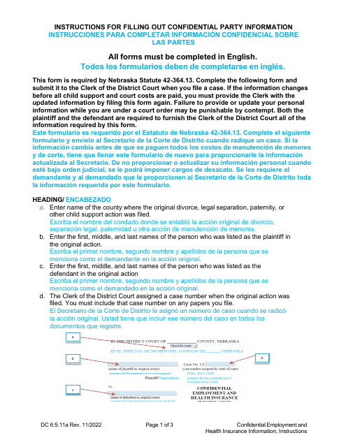 Instructions for Form DC6:5.11 Confidential Employment and Health Insurance Information - Nebraska (English/Spanish)