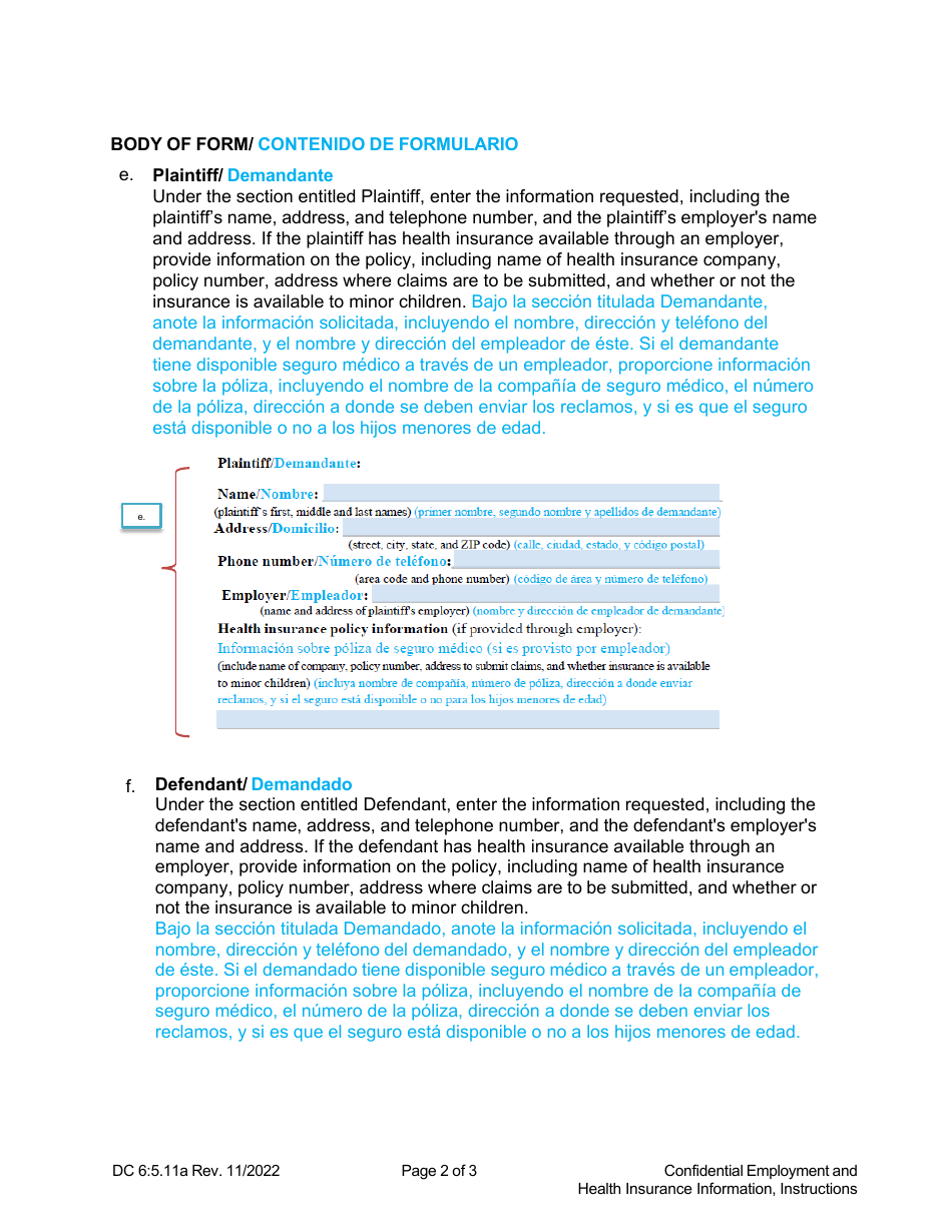 Instructions for Form DC6:5.11 Confidential Employment and Health Insurance Information - Nebraska (English / Spanish), Page 2