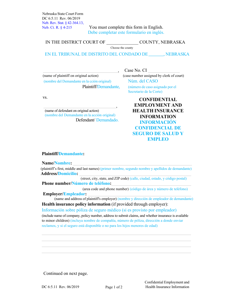 Form DC6:5.11 Confidential Employment and Health Insurance Information - Nebraska (English / Spanish), Page 1