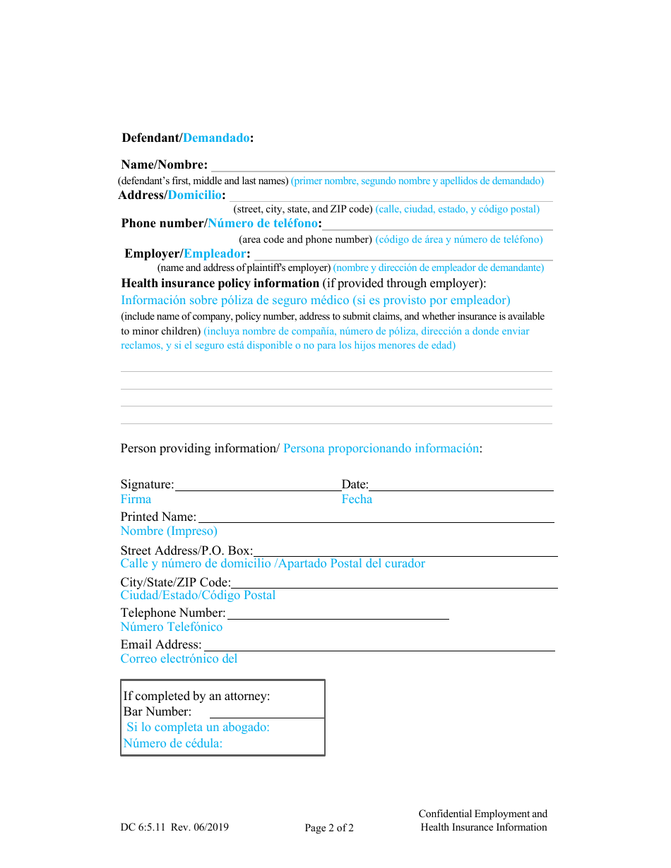 Form DC6:5.11 Confidential Employment and Health Insurance Information - Nebraska (English / Spanish), Page 2