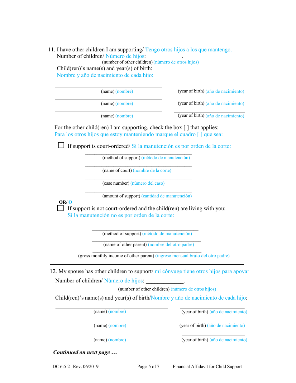 Form DC6:5.2 Financial Affidavit for Child Support - Nebraska (English / Spanish), Page 5