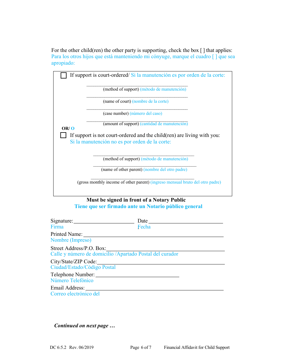 Form DC6:5.2 Financial Affidavit for Child Support - Nebraska (English / Spanish), Page 6