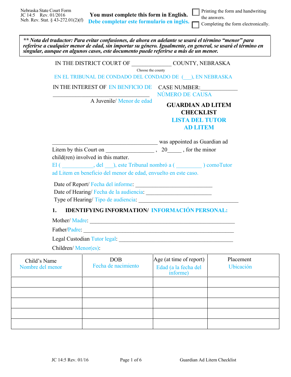 Form JC14:5 Guardian Ad Litem Checklist - Nebraska (English / Spanish), Page 1