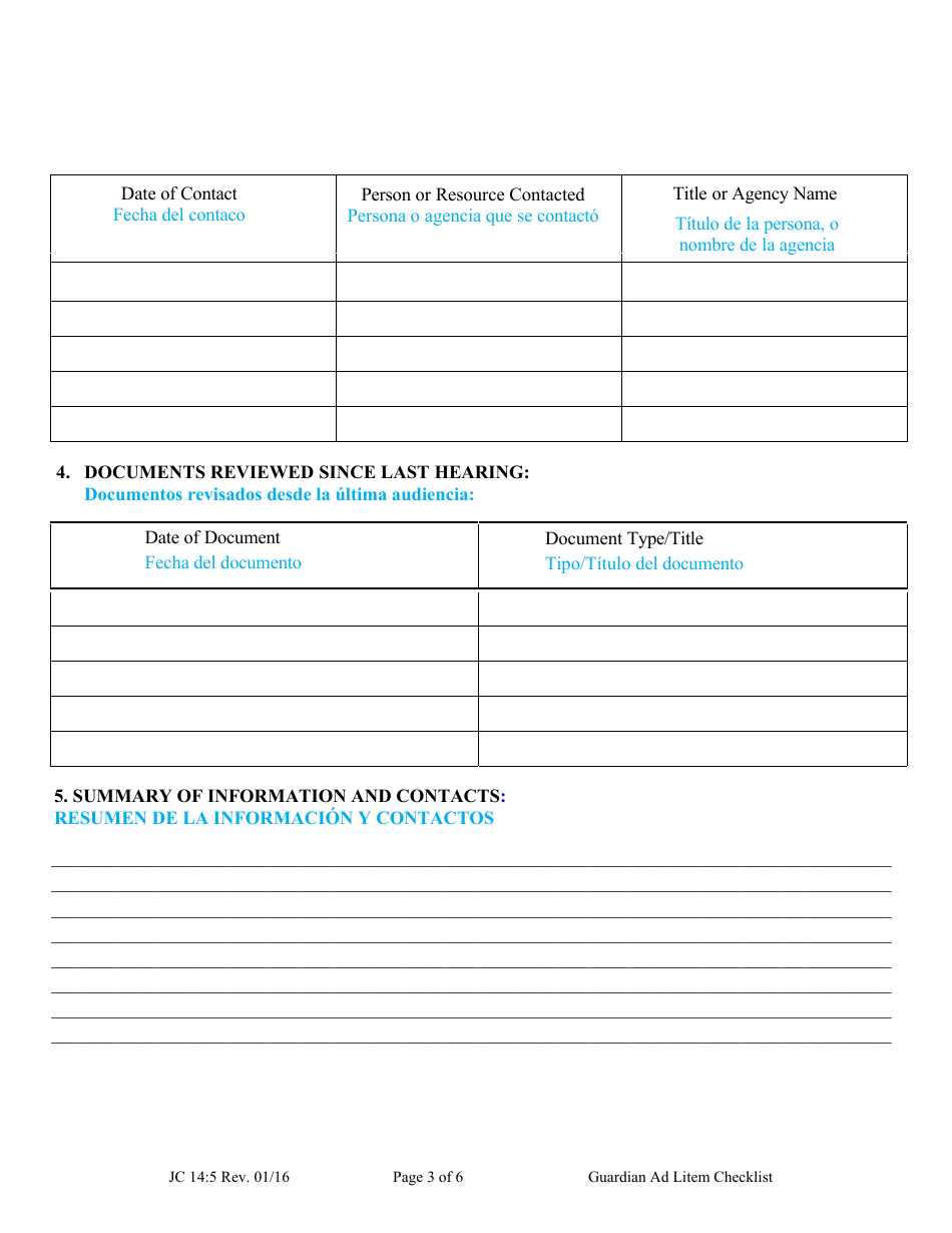 Form JC14:5 Guardian Ad Litem Checklist - Nebraska (English / Spanish), Page 3