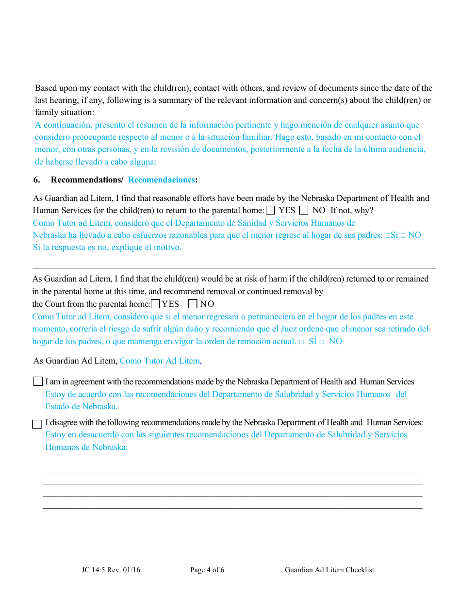 Form JC14:5 Guardian Ad Litem Checklist - Nebraska (English / Spanish), Page 4