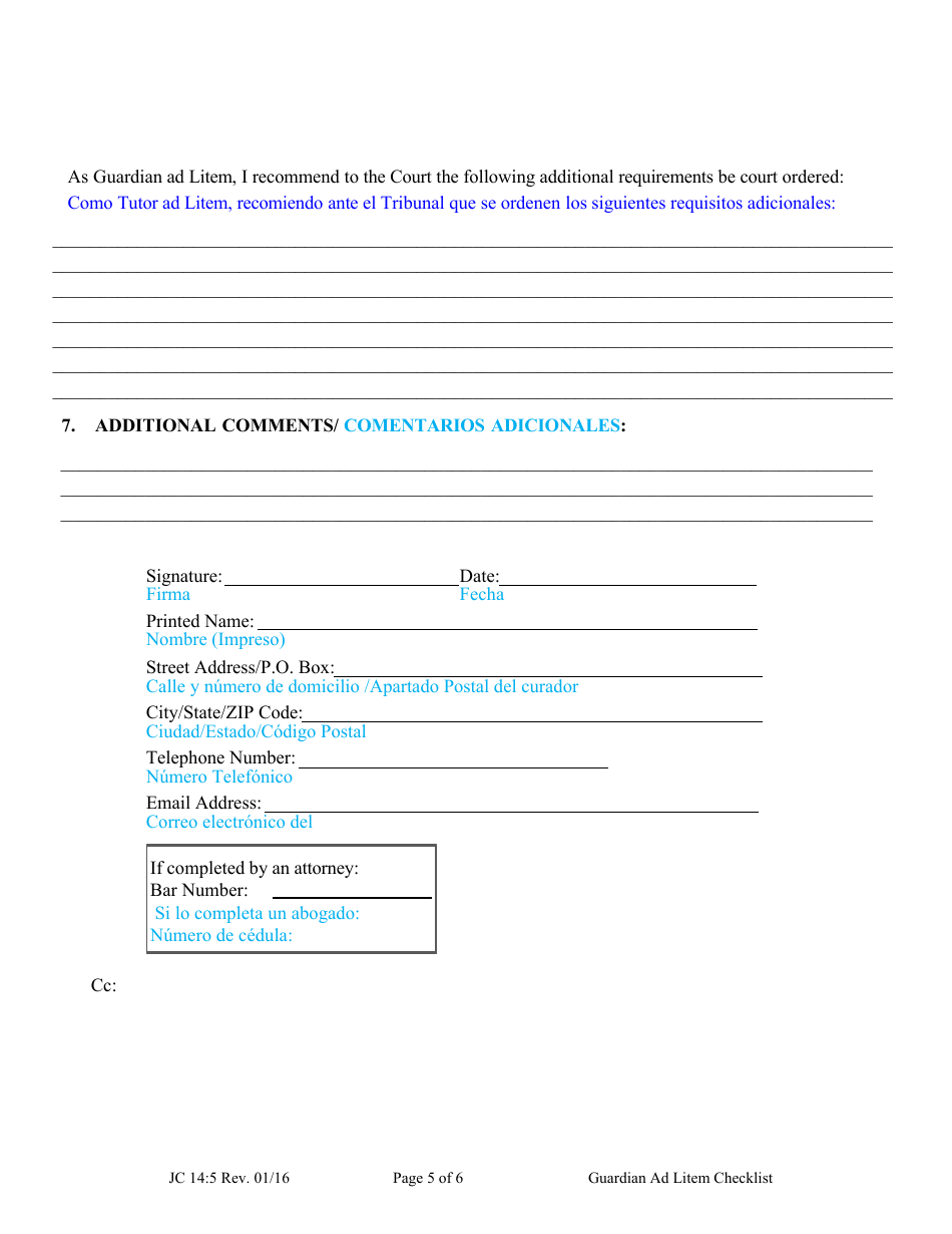 Form JC14:5 Guardian Ad Litem Checklist - Nebraska (English / Spanish), Page 5