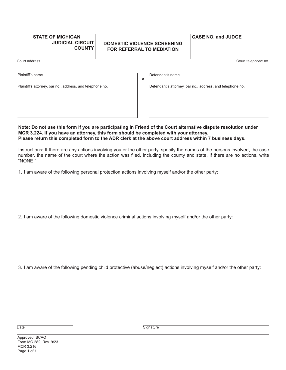 Form MC282 Domestic Violence Screening for Referral to Mediation - Michigan, Page 1