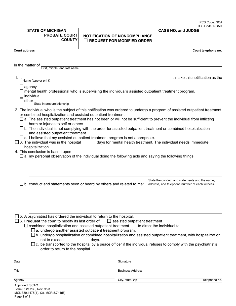 Form PCM230 Notification of Noncompliance and Request for Modified Order - Michigan, Page 1