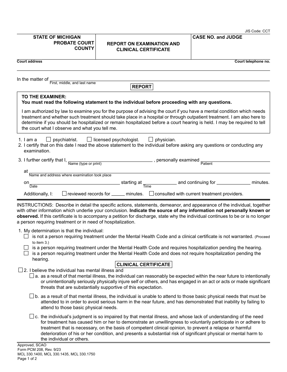 Form PCM208 Report on Examination and Clinical Certificate - Michigan, Page 1