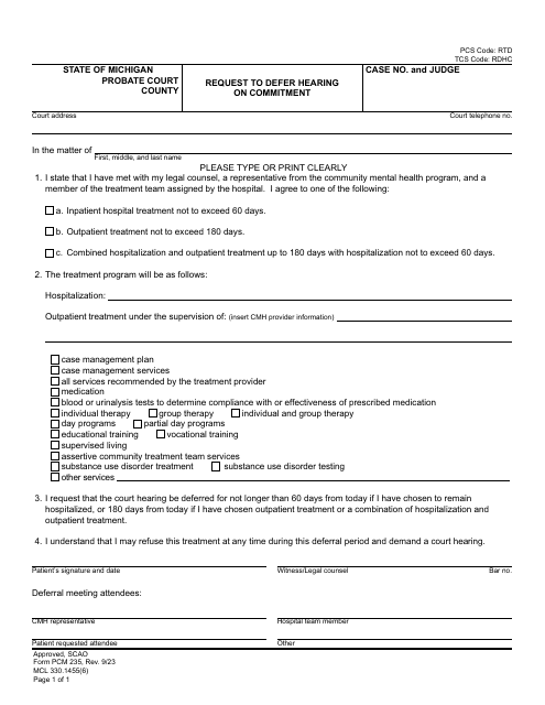 Form PCM235 Request to Defer Hearing on Commitment - Michigan