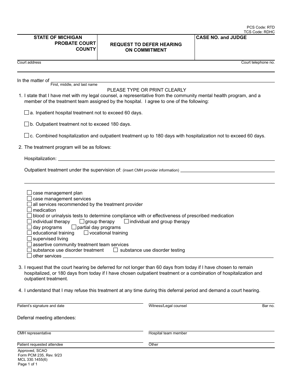 Form PCM235 Request to Defer Hearing on Commitment - Michigan, Page 1