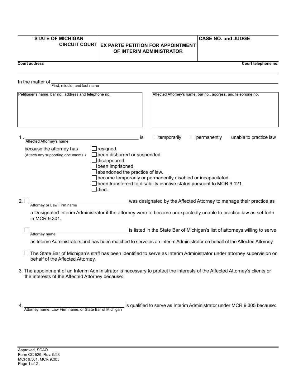 Form CC529 Ex Parte Petition for Appointment of Interim Administrator - Michigan, Page 1