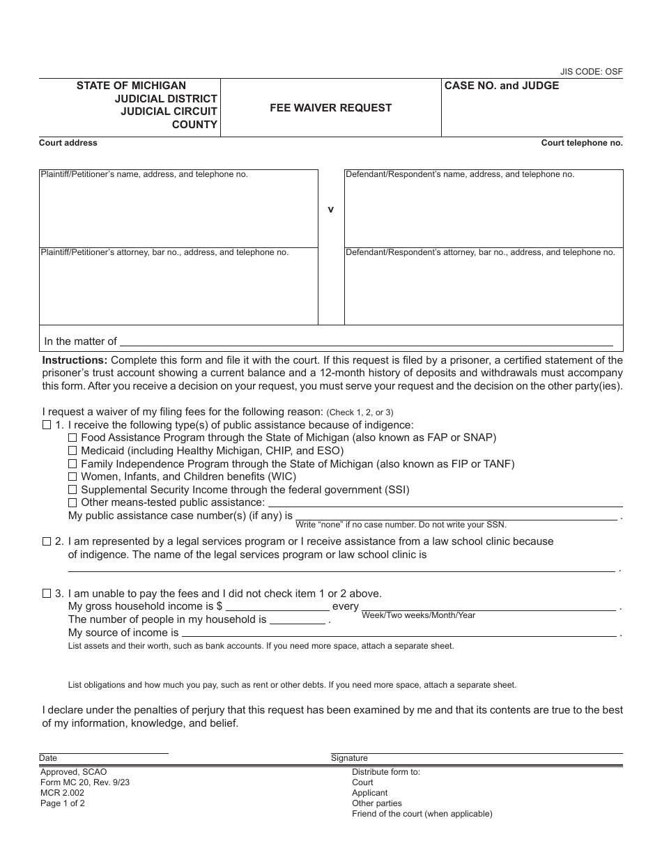 Form MC20 Fee Waiver Request - Michigan, Page 1