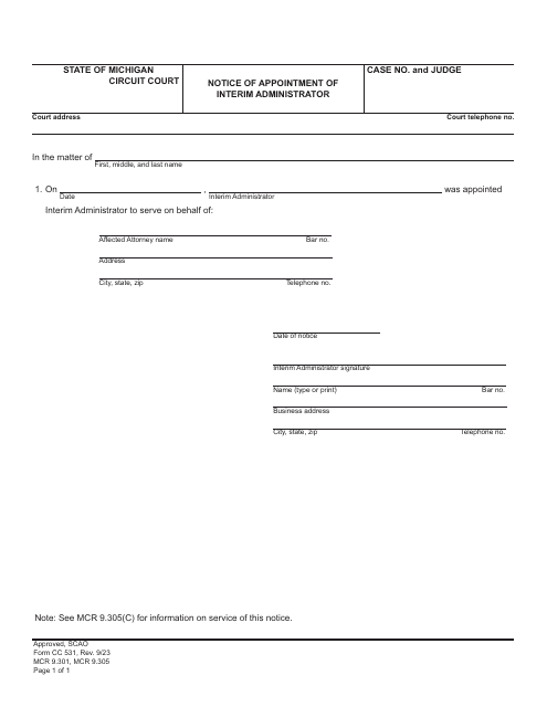 Form CC531 Notice of Appointment of Interim Administrator - Michigan