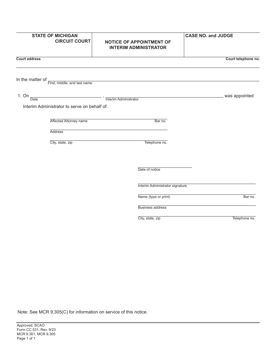 Form CC531 Notice of Appointment of Interim Administrator - Michigan, Page 1