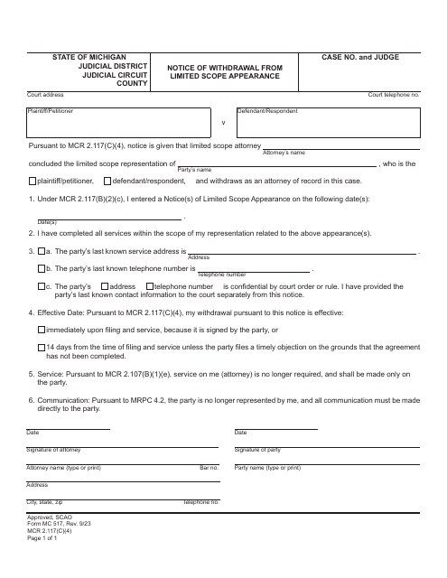 Form MC517 Notice of Withdrawal From Limited Scope Appearance - Michigan