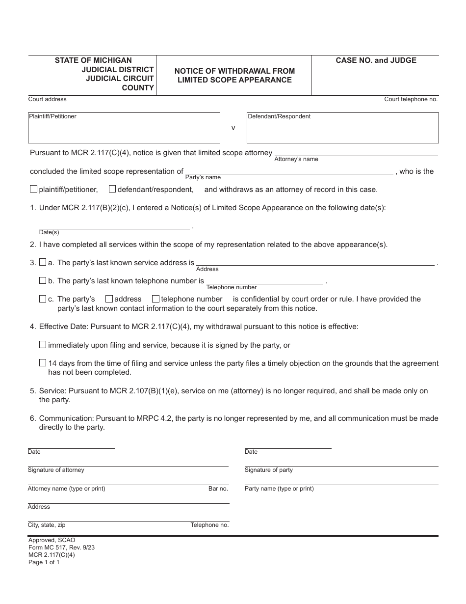 Form MC517 Notice of Withdrawal From Limited Scope Appearance - Michigan, Page 1