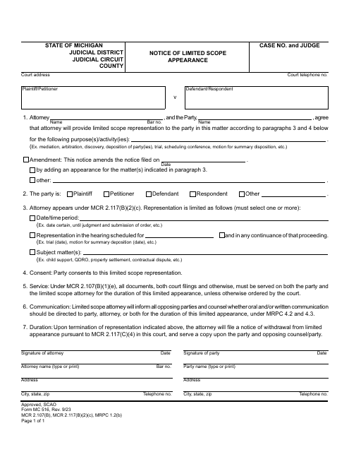 Form MC516 Notice of Limited Scope Appearance - Michigan
