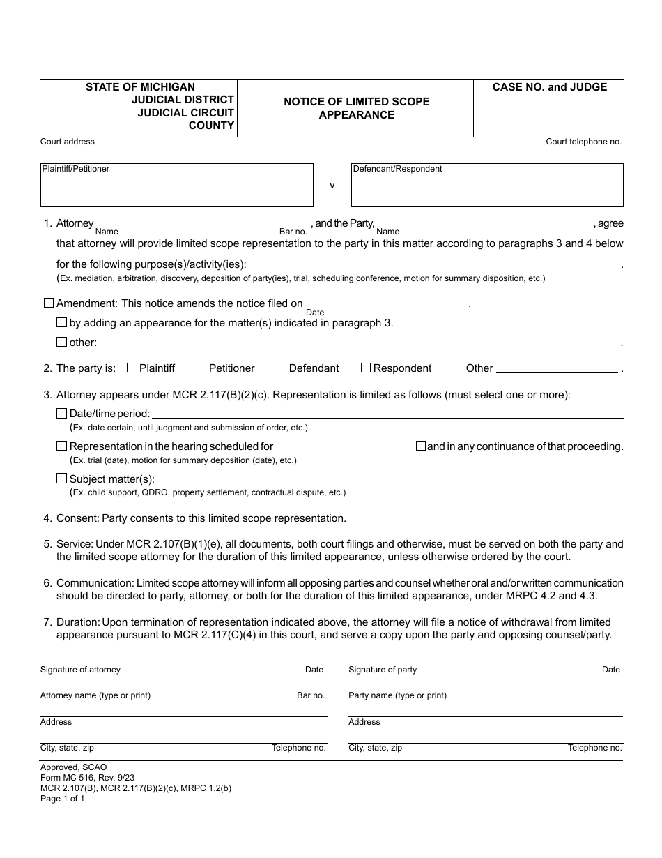 Form MC516 Notice of Limited Scope Appearance - Michigan, Page 1