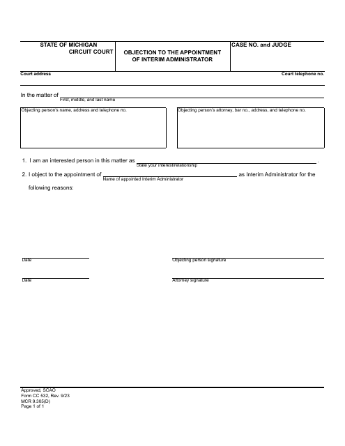 Form CC532 Objection to the Appointment of Interim Administrator - Michigan