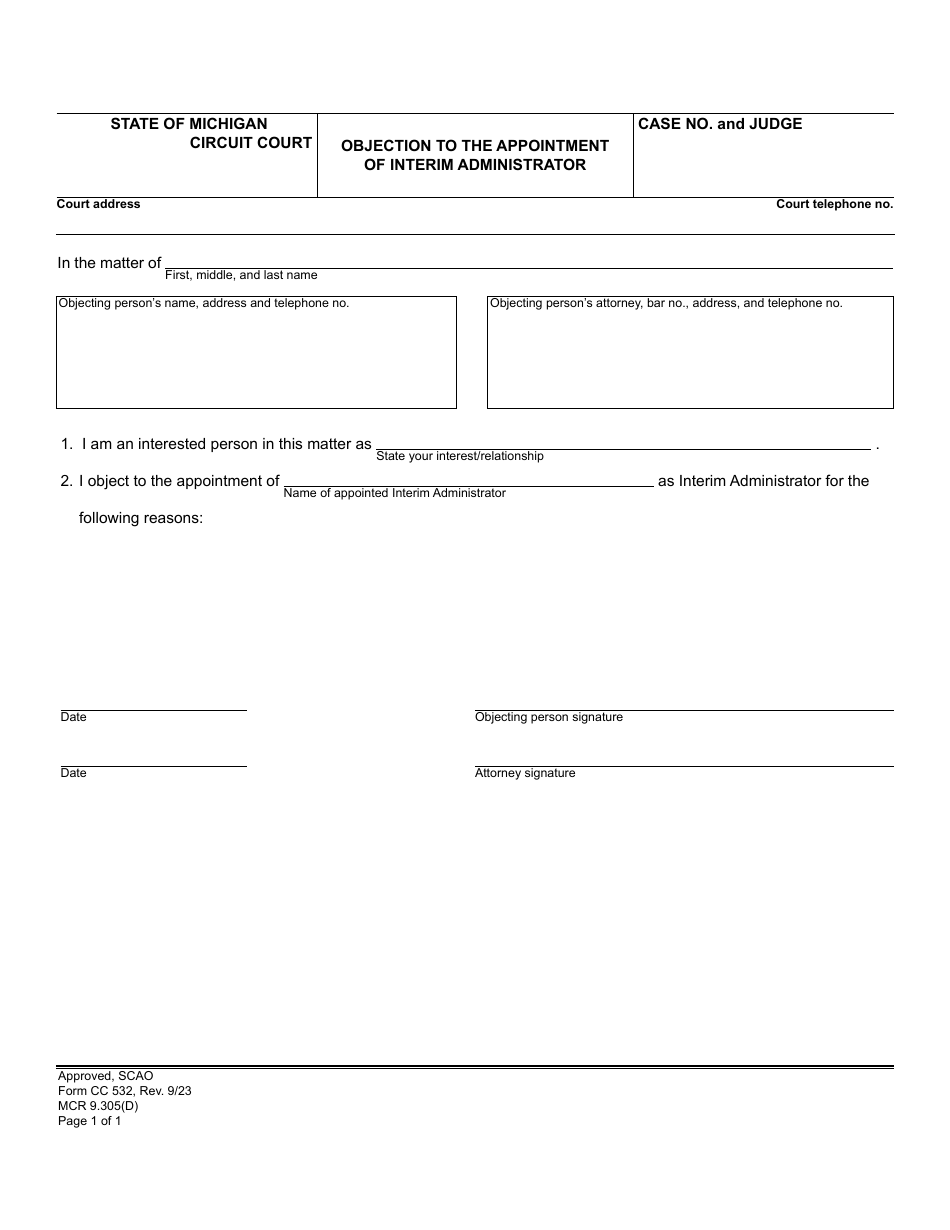 Form CC532 Objection to the Appointment of Interim Administrator - Michigan, Page 1