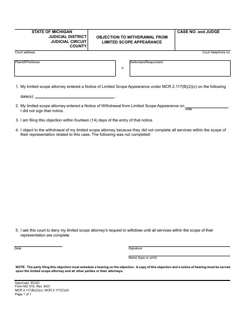 Form MC518 Objection to Withdrawal From Limited Scope Appearance - Michigan