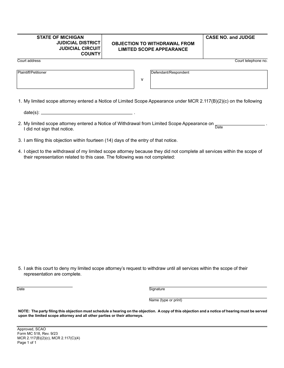 Form MC518 Objection to Withdrawal From Limited Scope Appearance - Michigan, Page 1