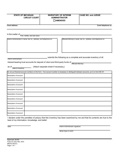 Form CC533 Inventory of Interim Administrator - Michigan