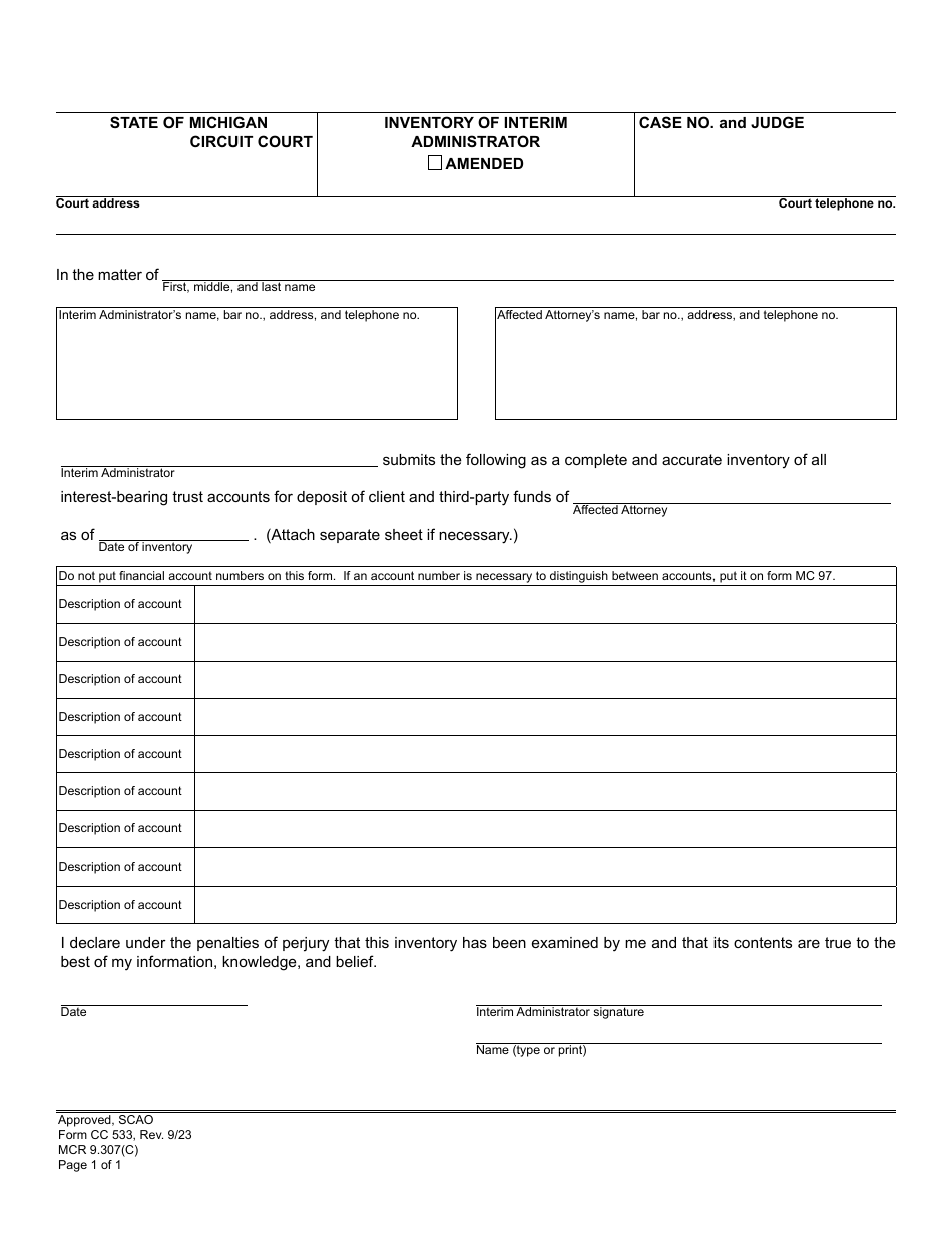 Form CC533 Inventory of Interim Administrator - Michigan, Page 1