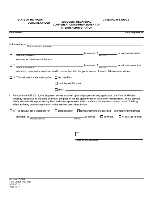 Form CC535 Judgment Regarding Compensation/Reimbursement of Interim Administrator - Michigan
