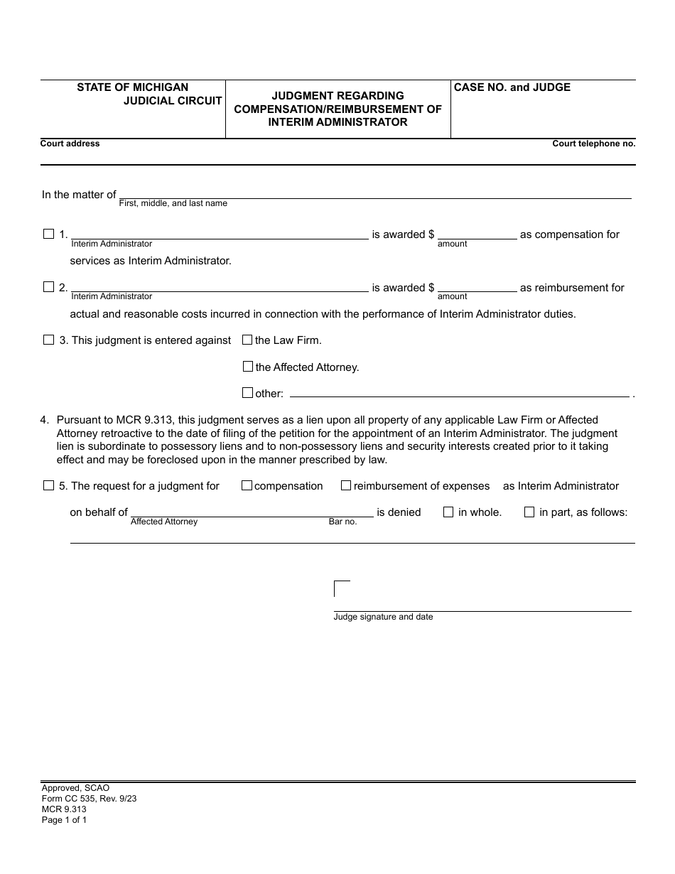 Form CC535 Judgment Regarding Compensation / Reimbursement of Interim Administrator - Michigan, Page 1