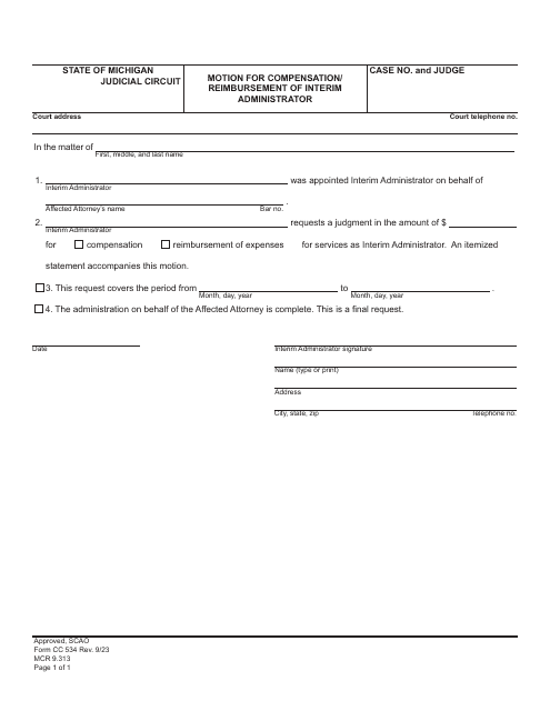 Form CC534 Motion for Compensation/ Reimbursement of Interim Administrator - Michigan