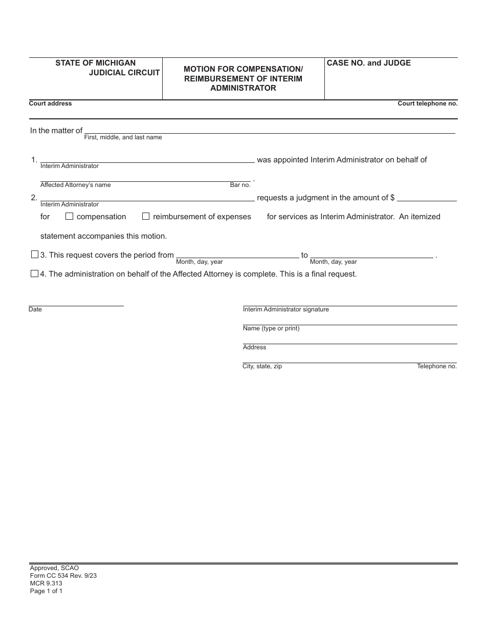 Form CC534 Motion for Compensation / Reimbursement of Interim Administrator - Michigan, Page 1