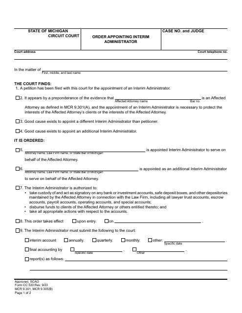 Form CC530 Order Appointing Interim Administrator - Michigan