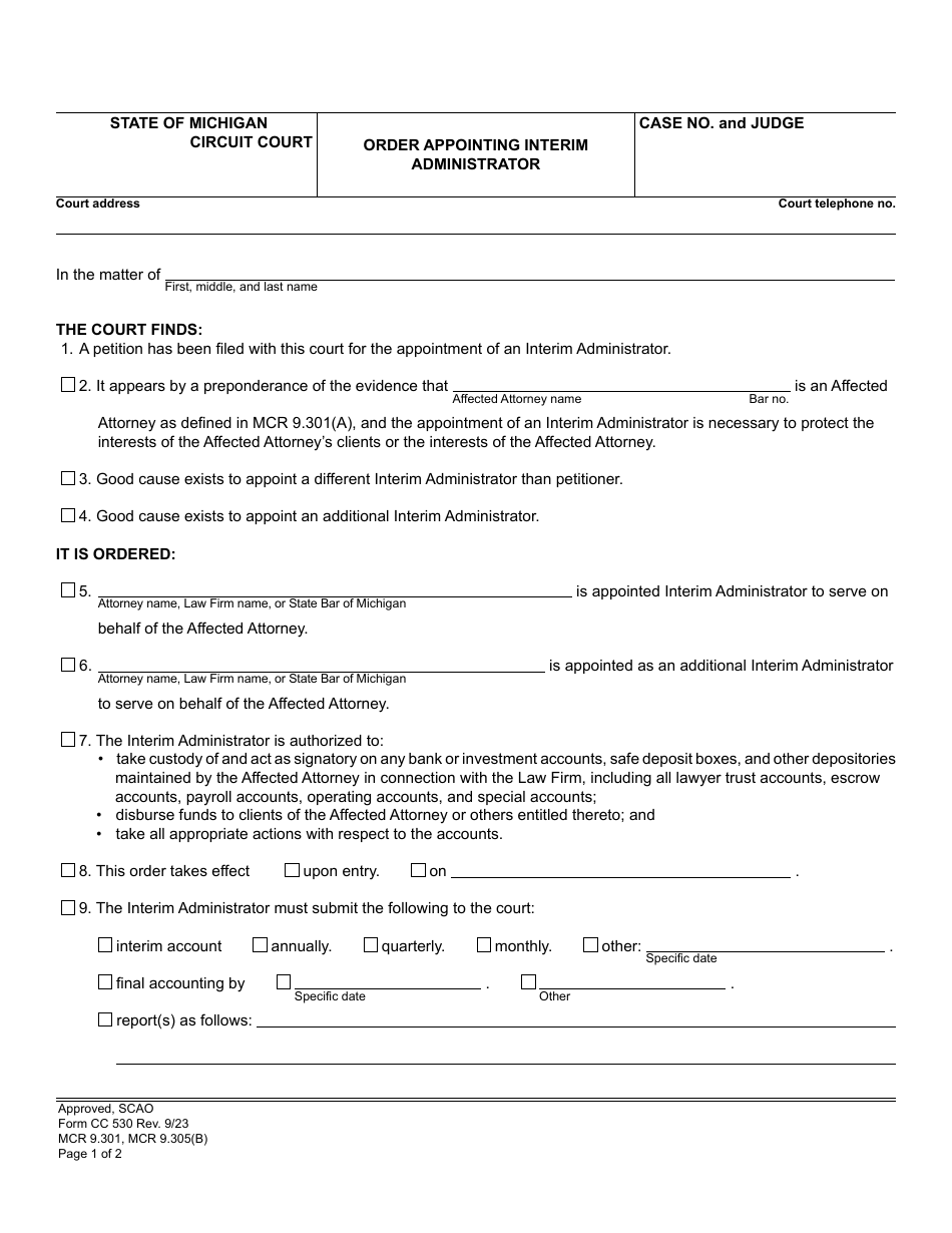 Form CC530 Order Appointing Interim Administrator - Michigan, Page 1