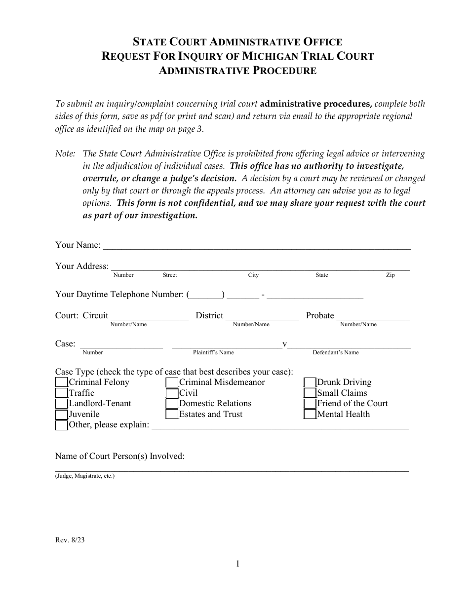 Request for Inquiry of Michigan Trial Court Administrative Procedure - Michigan, Page 1