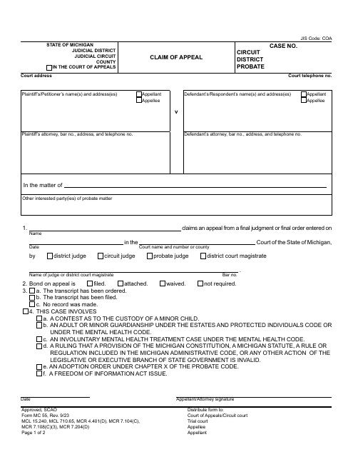 Form MC55 Claim of Appeal - Michigan