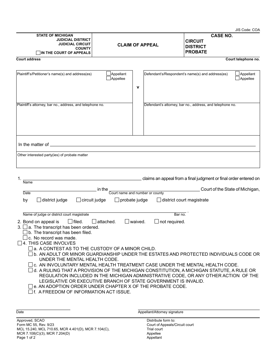 Form MC55 Claim of Appeal - Michigan, Page 1
