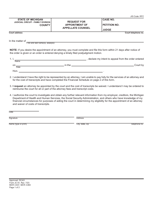 Form JC81 Request for Appointment of Appellate Counsel - Michigan