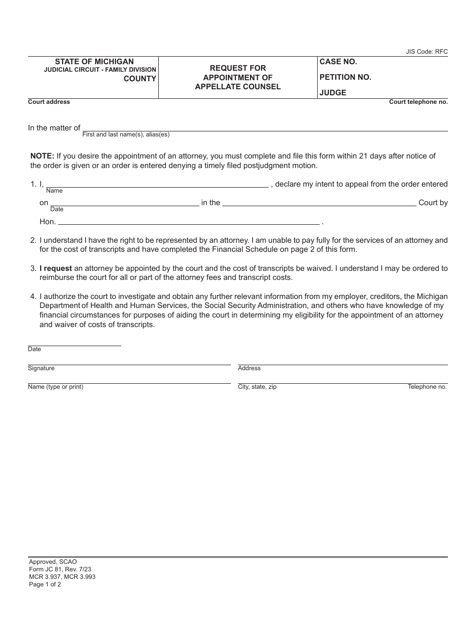 Form JC81 Request for Appointment of Appellate Counsel - Michigan, Page 1