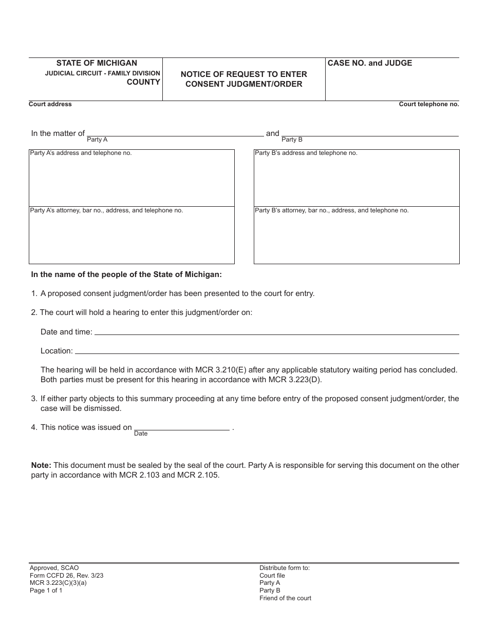 Form CCFD26 Notice of Request to Enter Consent Judgment / Order - Michigan, Page 1
