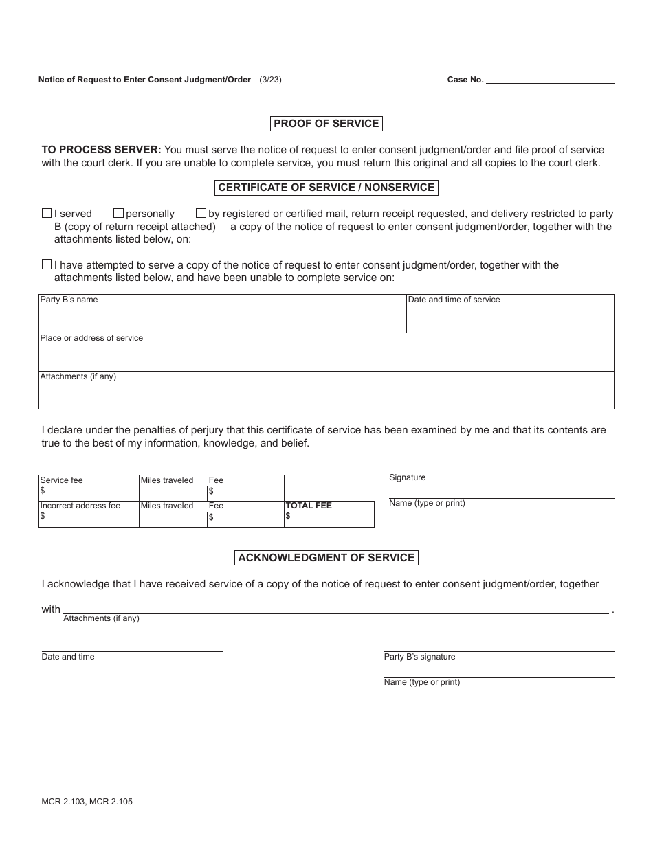 Form CCFD26 Notice of Request to Enter Consent Judgment / Order - Michigan, Page 2