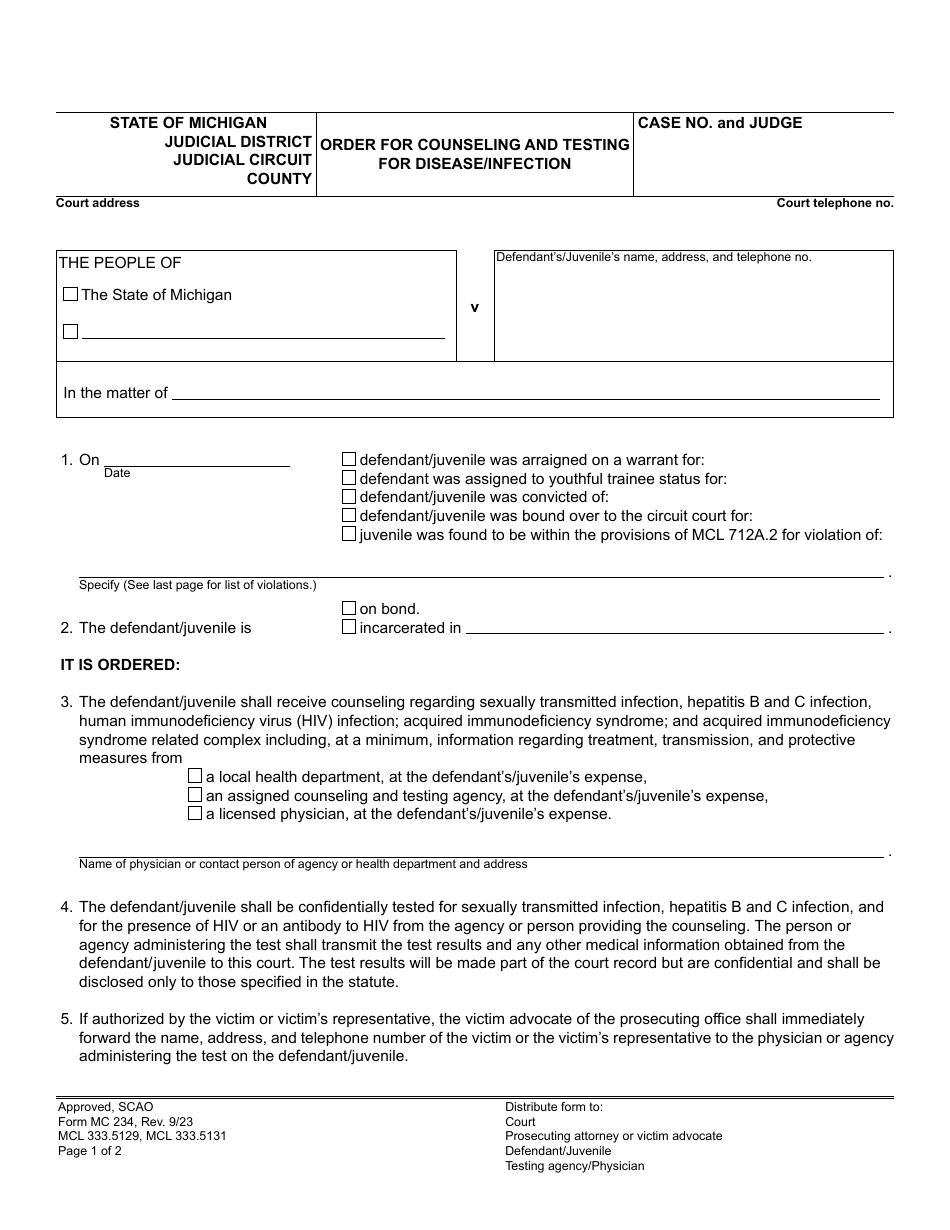 Form MC234 Order for Counseling and Testing for Disease / Infection - Michigan, Page 1