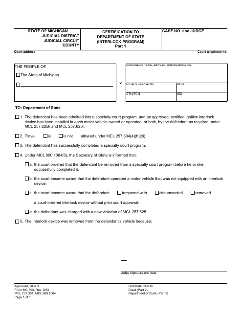 Form MC393 Certification to Department of State (Interlock Program) - Michigan