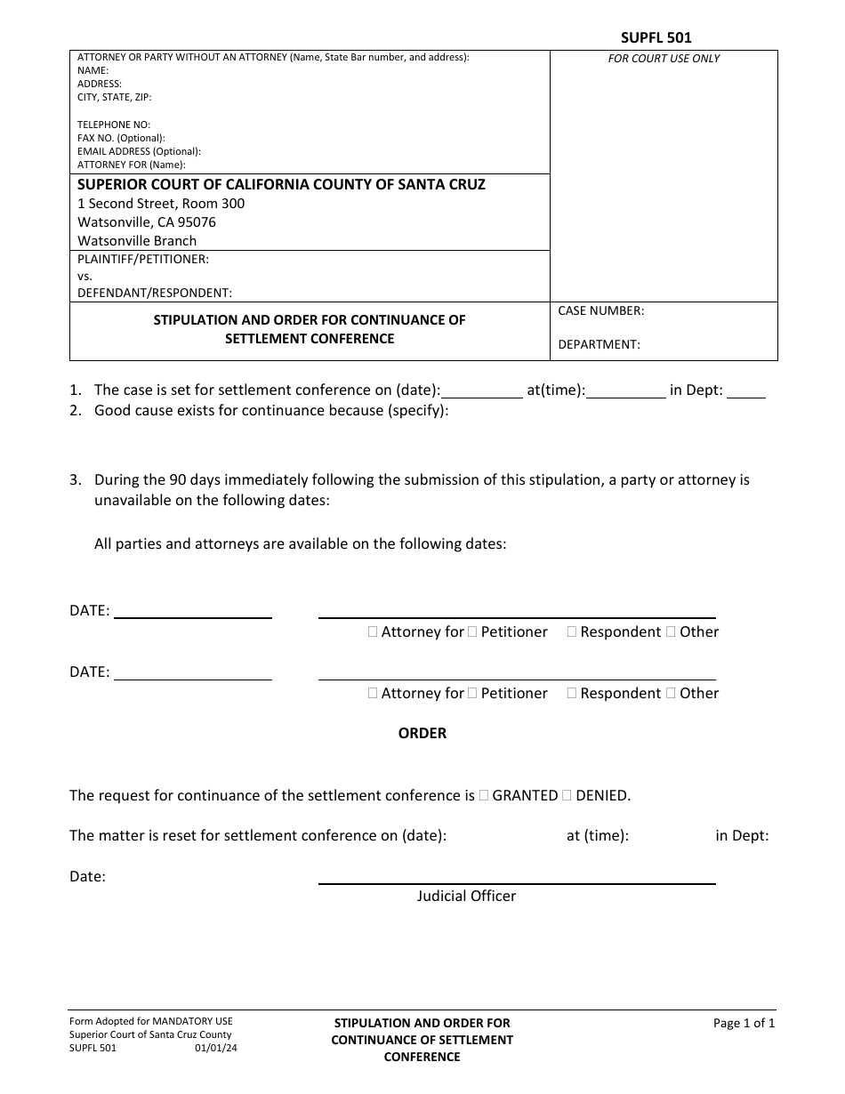 Form SUPFL501 Stipulation and Order for Continuance of Settlement Conference - County of Santa Cruz, California, Page 1