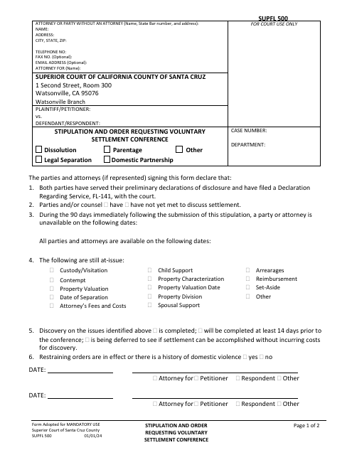 Form SUPFL500 Stipulation and Order Requesting Voluntary Settlement Conference - County of Santa Cruz, California