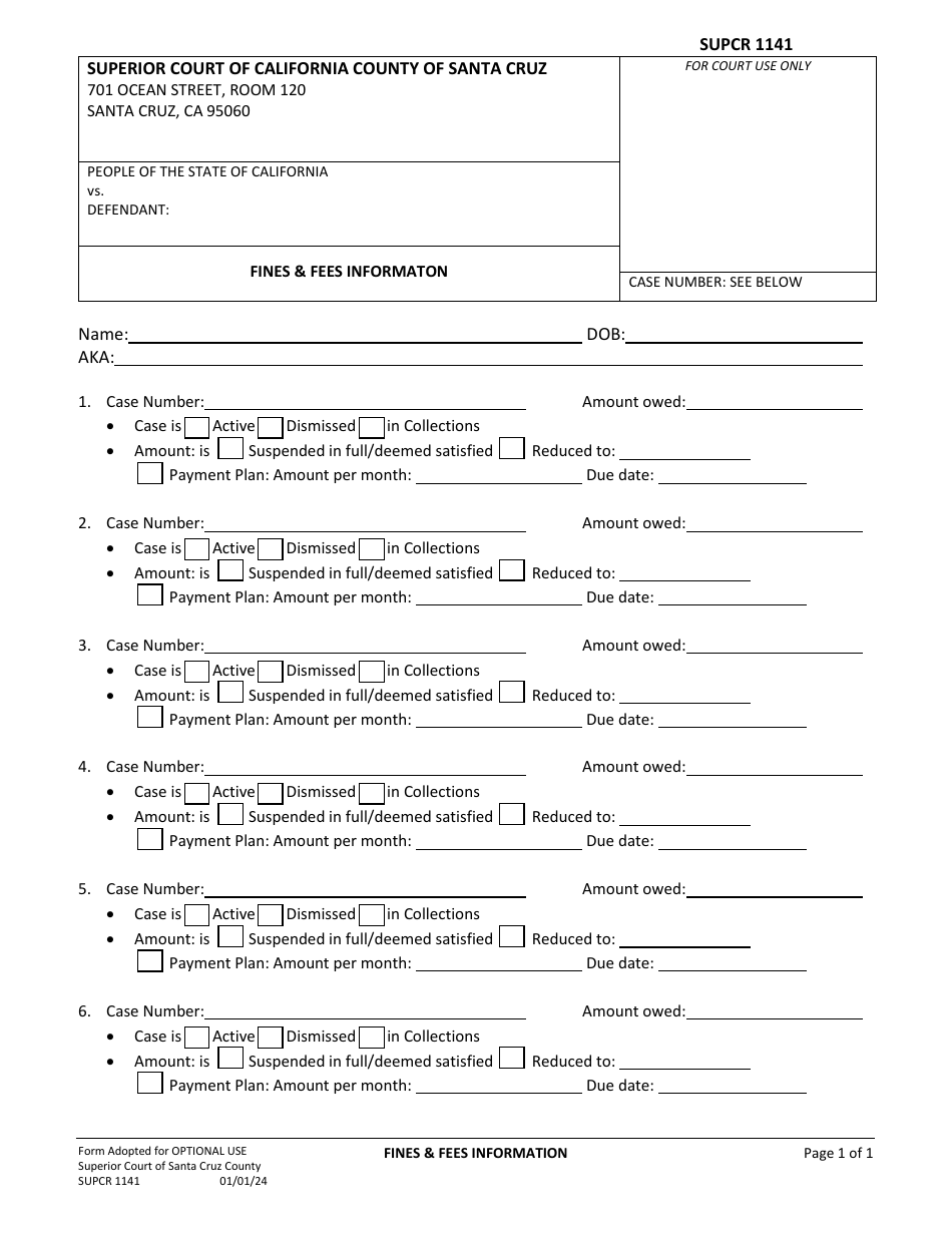 Form SUPCR1141 Fines  Fees Informaton - County of Santa Cruz, California, Page 1