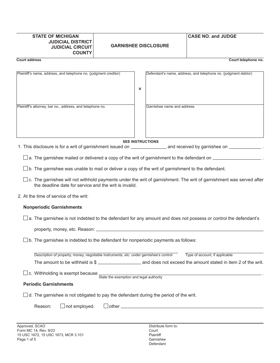 Form MC14 Garnishee Disclosure - Michigan, Page 1