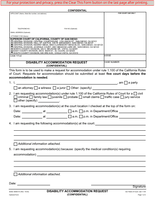 Form ADM-410 Disability Accommodation Request - County of San Diego, California