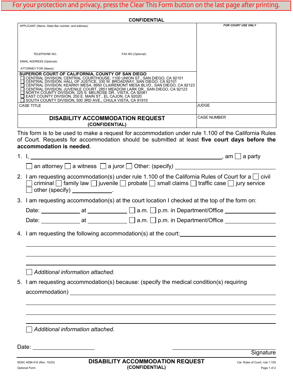 Form ADM-410 Disability Accommodation Request - County of San Diego, California, Page 1